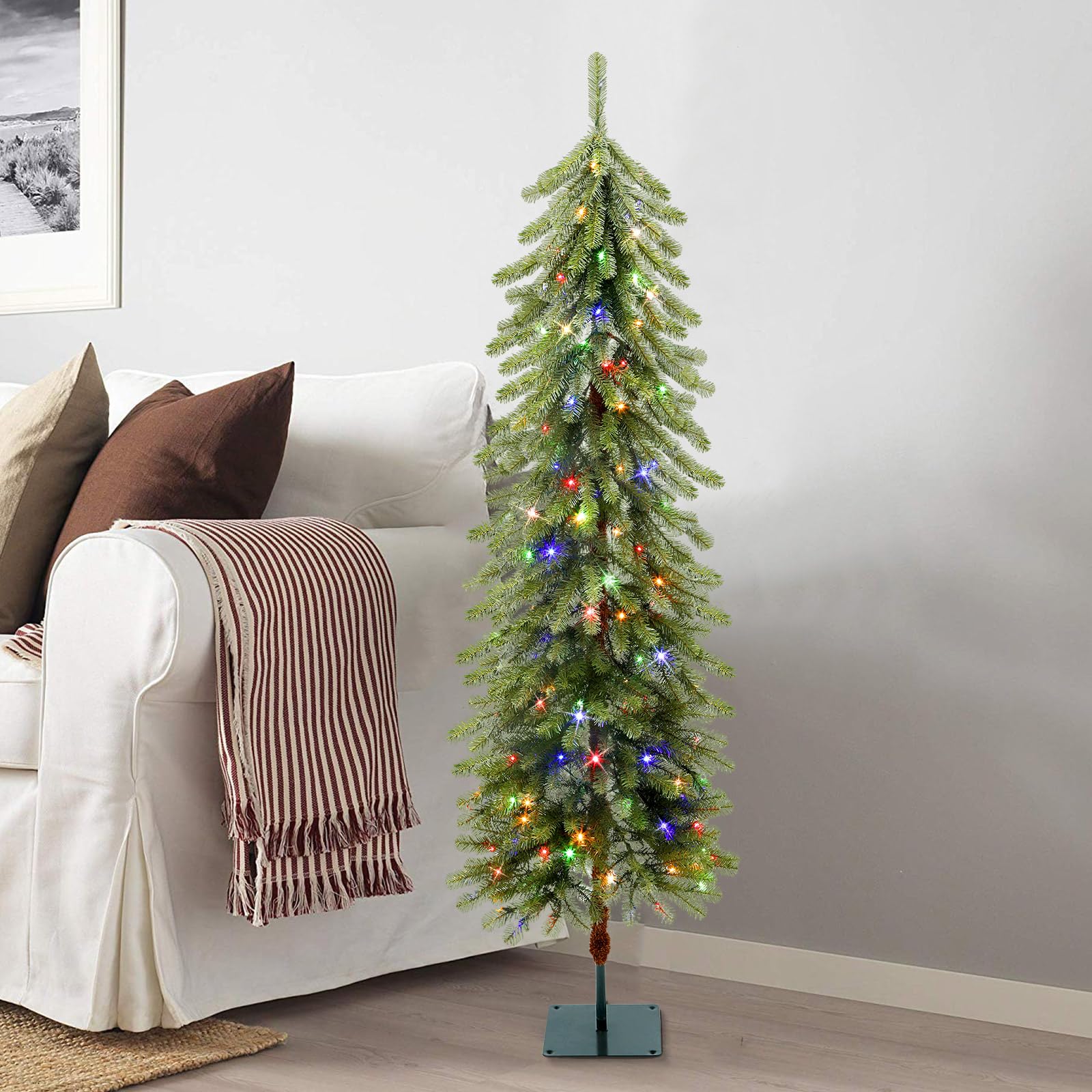 7.5ft Prelit Artificial Wooden Pole Pencil Christmas Tree with Remote, Pre-Lit 250 Warm White & Multi-Color Lights, 652 Branch Tips, Skinny Tree for Xmas Holiday Decoration, 7.5 FT - SHareconn