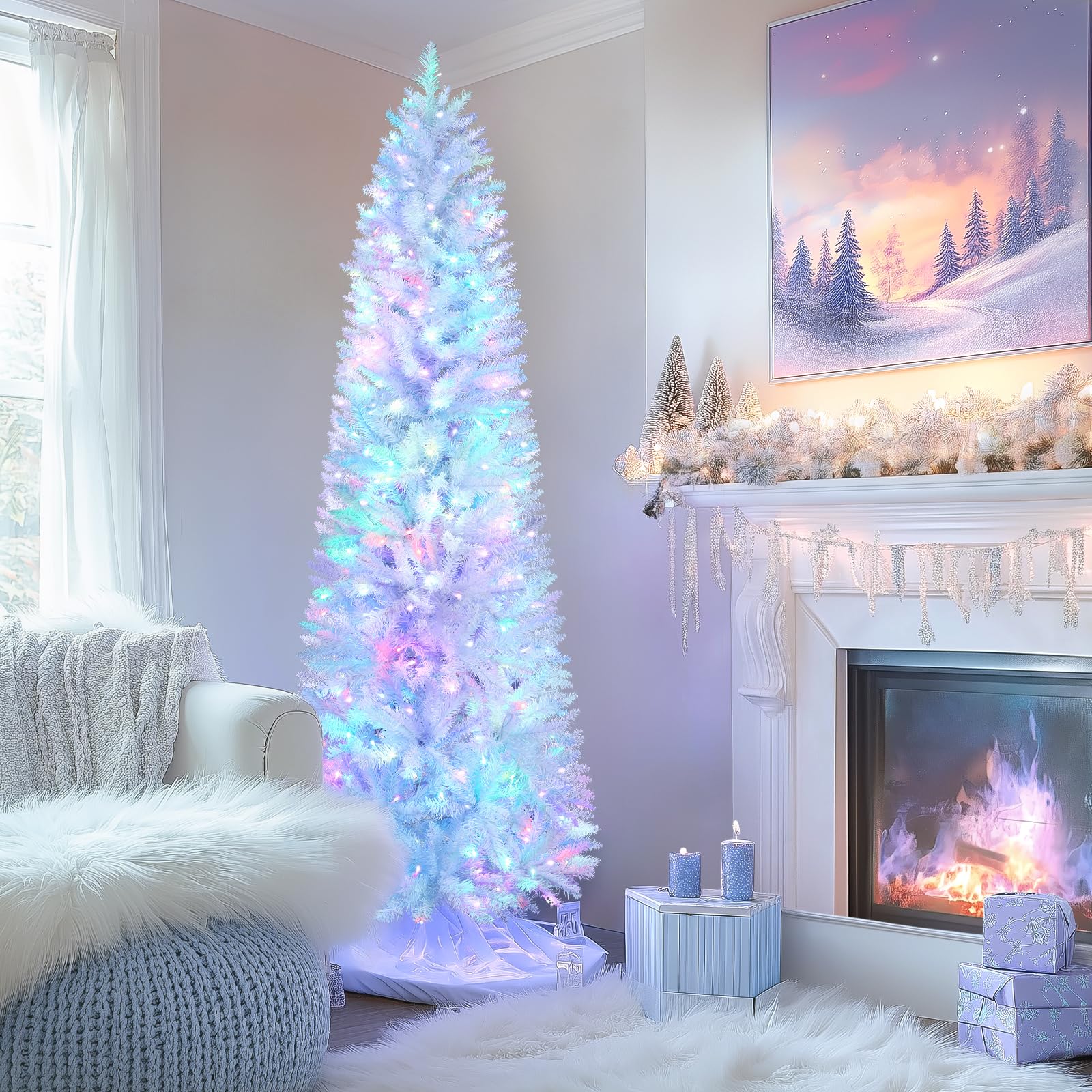 SHareconn 6ft Prelit Artificial Hinged Slim Pencil Christmas Tree, with Remote Controlled Multi-Color RGB Lights, Full Branch Tips, Perfect Choice Decoration for Xmas Holiday, 6 FT, White - SHareconn