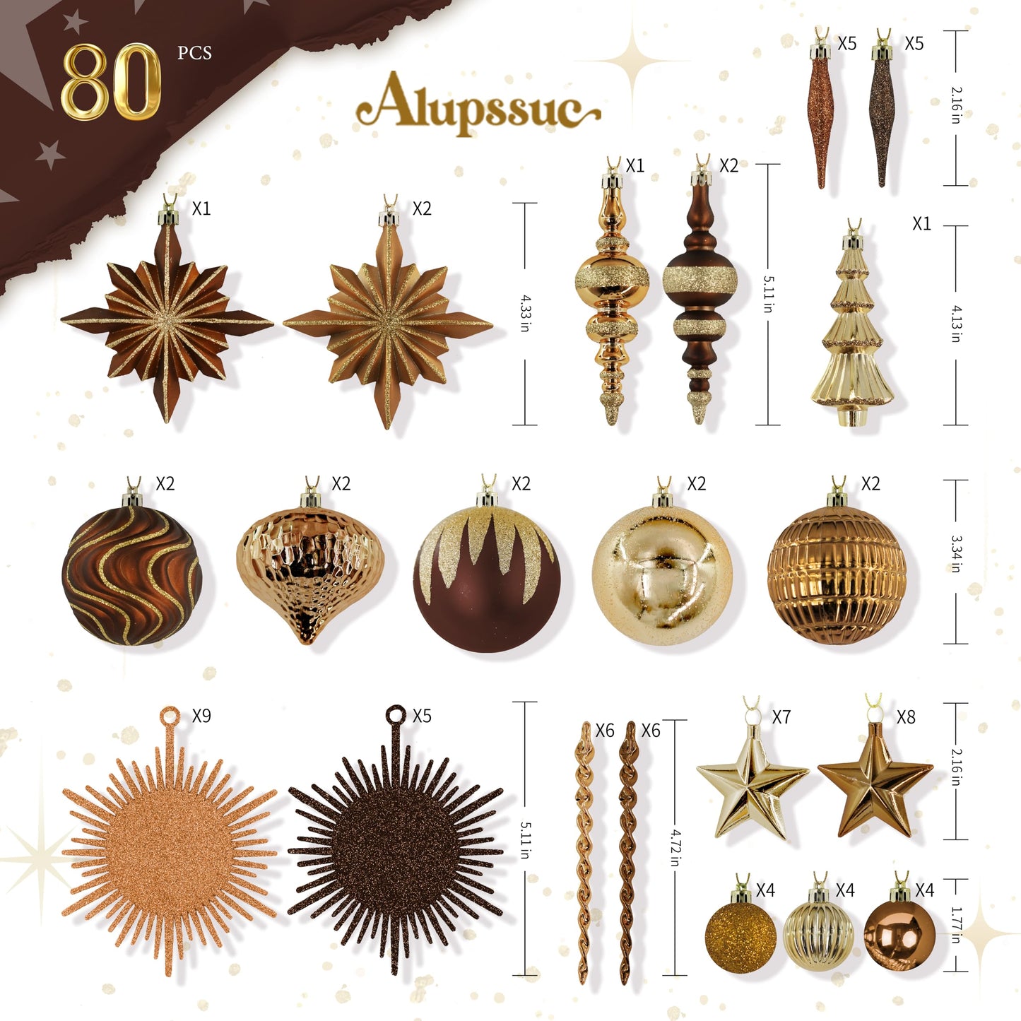 80pcs Bronze Copper Gold Christmas Balls Ornaments Set with Lanyards