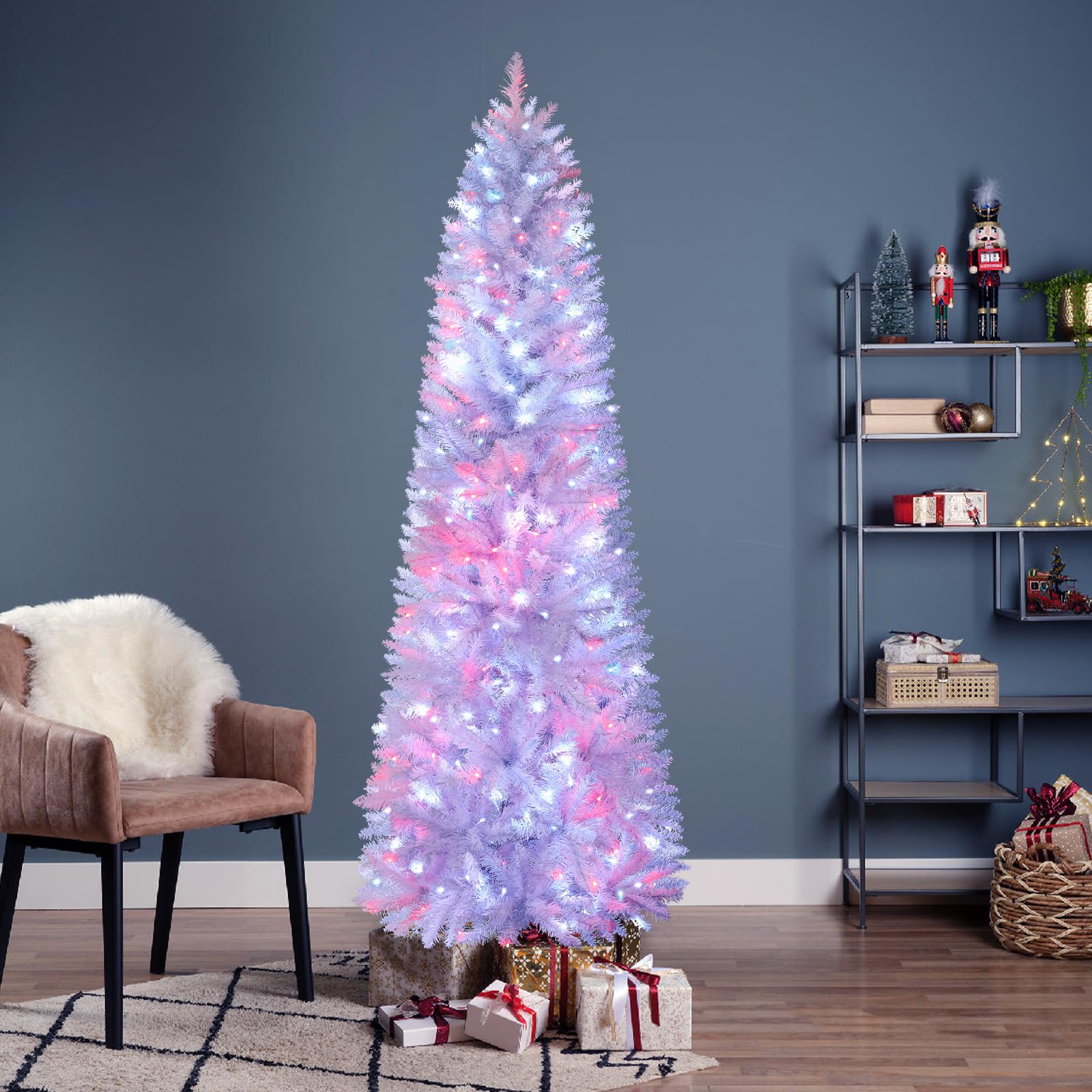 SHareconn 6ft Prelit Artificial Hinged Slim Pencil Christmas Tree, with Remote Controlled Multi-Color RGB Lights, Full Branch Tips, Perfect Choice Decoration for Xmas Holiday, 6 FT, White - SHareconn