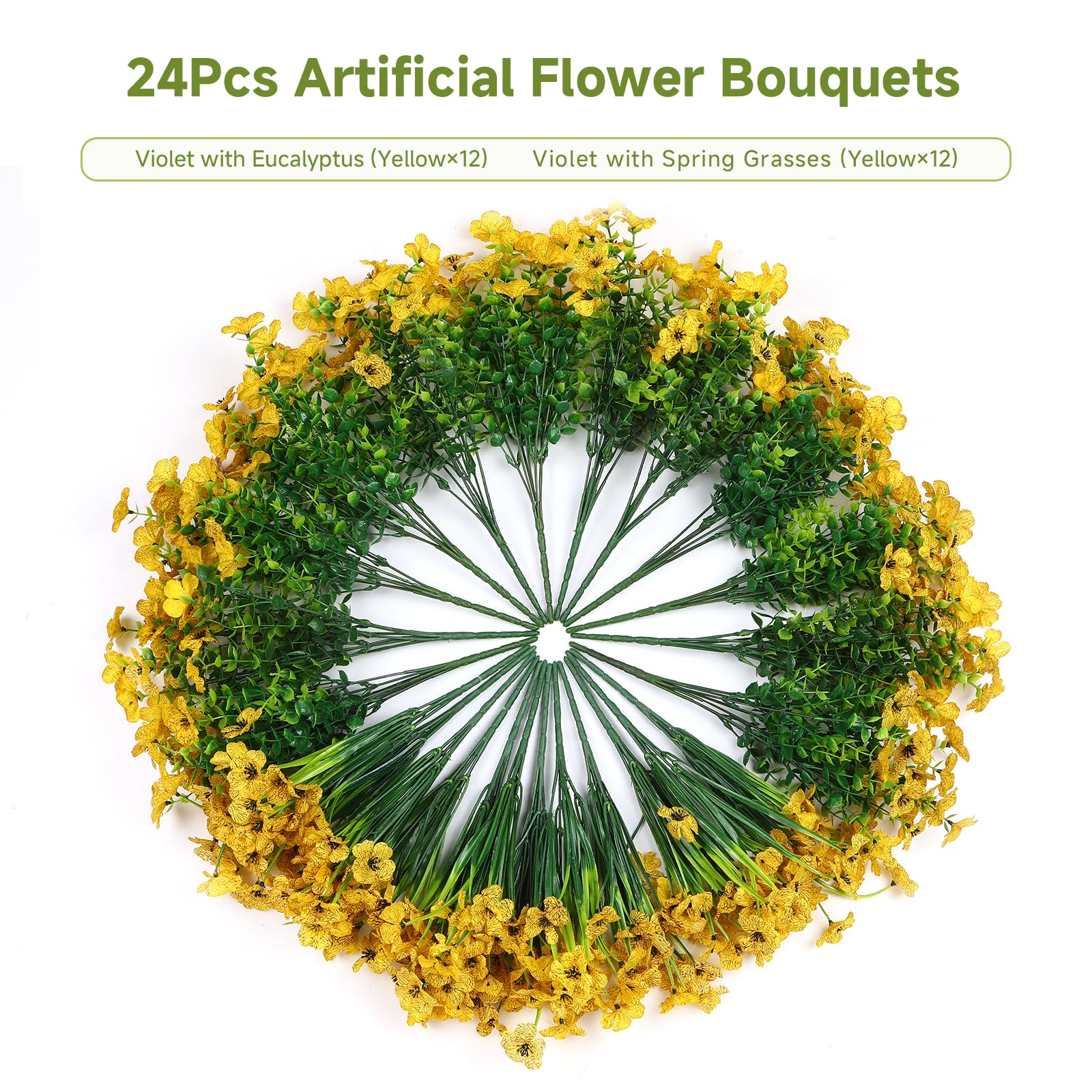 24 Bundles Artificial Flowers for Outdoors Decoration, UV Resistant Silk Violet Faux Colorful Daisy Eucalyptus, Yellow