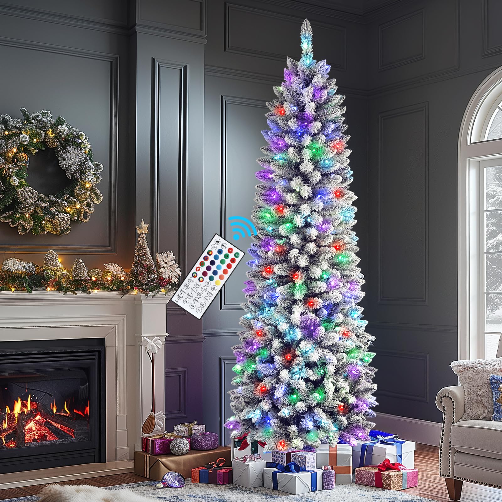 SHareconn 7.5ft Prelit Snow Flocked Artificial Hinged Slim Pencil Christmas Tree, with Remote Controlled Multi-Color RGB Lights, Full Branch Tips,Good Choice Decoration for Xmas Holiday,7.5 FT, Green - SHareconn