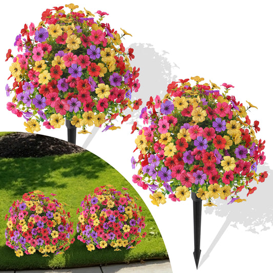 Alupssuc 2Pcs 20" Artificial Topiary Ball Flowers For Outdoors Planters, Spring Decoration with Spike, UV Resistant Faux Summer Plants, Fake Bushes Indoor Decor, Mix 4 Colors for Garden, Porch & Patio