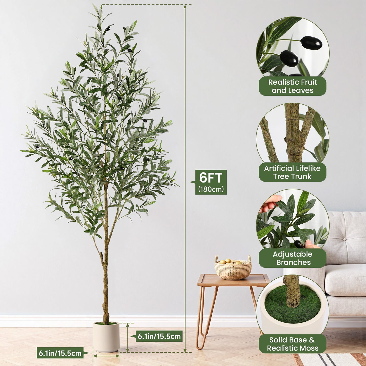 Artificial Olive Tree with Elegant White Pot  5FT/6FT/7FT/8FT