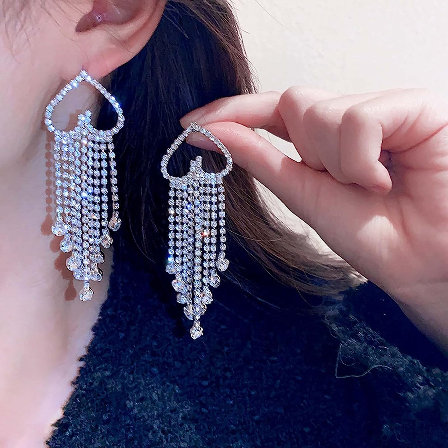 Alupssuc Silver Heart Dangle Earrings for Women, Sparkling Rhinestone Crystal Tassel Earrings for Women Girls, Heart Earrings Dangling Jewelry Valentines Day/Mother's Day/Women Birthday Gift For Her