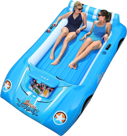 Alupssuc XL Inflatable Pool Floats Double Lounger Adult Size with Ice Bucket, 102" x 63" Extra Large and Thick Convertible Raft for Swimming Pool, Beach Tanning & Lake Floats with Headrest, Blue&White