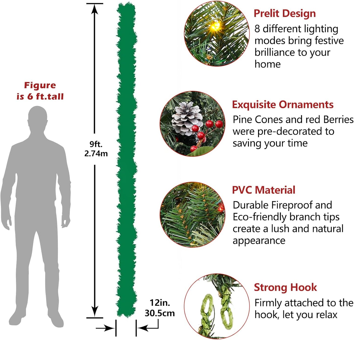 9FT Prelit Artificial Christmas Garland with Color Changing Lights and Timer by Remote Control - SHareconn