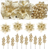 24 Pcs Christmas Tree Picks, Boxed 12Pcs Poinsettias Artificial Christmas Flowers+12Pcs Holly Berry Stems, Gold