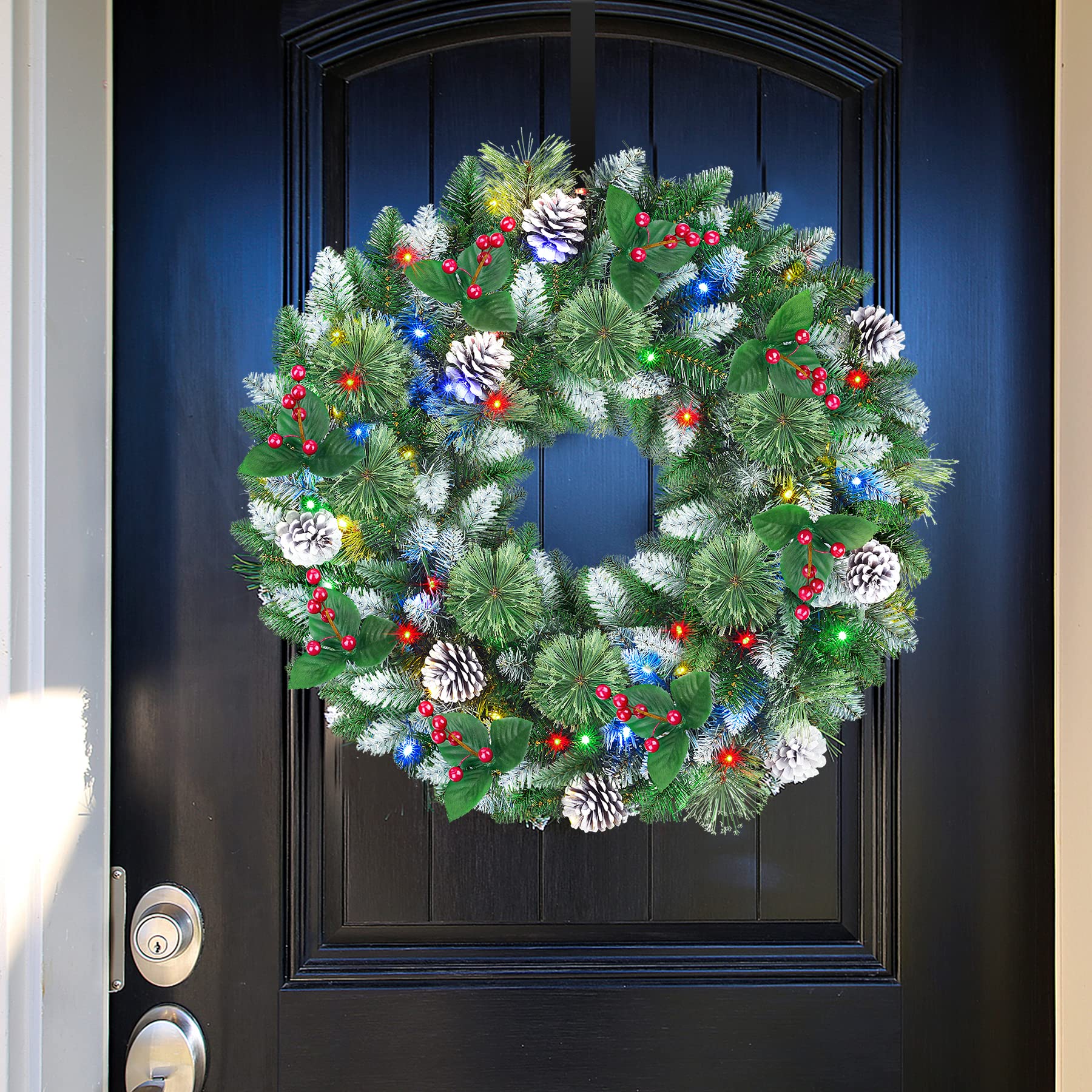 24 Inch Snow Prelit Artificial Christmas Wreath with 15" Hanger Color Changing Lights and Timer by Remote Control - SHareconn