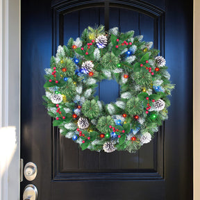 24 Inch Snow Prelit Artificial Christmas Wreath with 15" Hanger Color Changing Lights and Timer by Remote Control - SHareconn