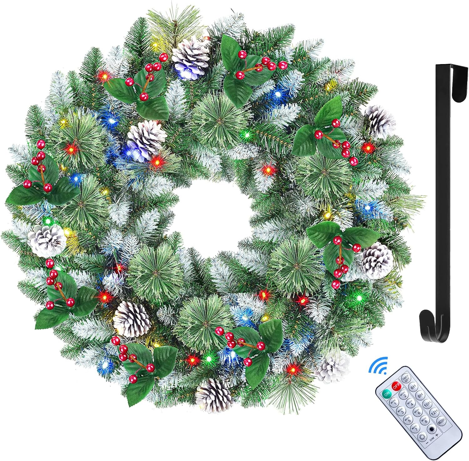 24 Inch Snow Prelit Artificial Christmas Wreath with 15" Hanger Color Changing Lights and Timer by Remote Control - SHareconn