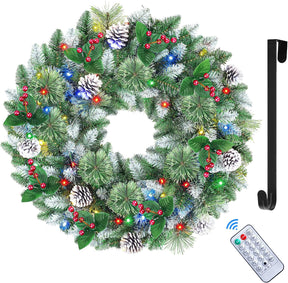 24 Inch Snow Prelit Artificial Christmas Wreath with 15" Hanger Color Changing Lights and Timer by Remote Control - SHareconn