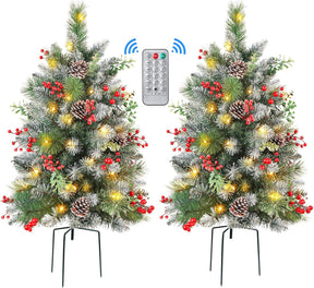 Set of 2 24.5 Inch Lighted Outdoor Christmas Tree with Remote, Porch & Yard