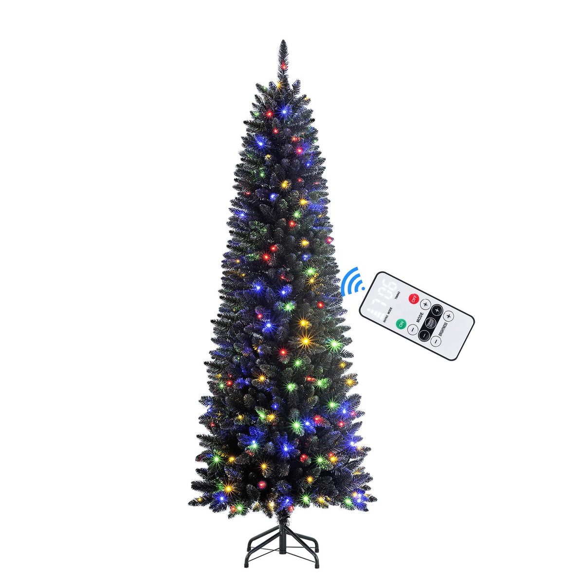 SHareconn 4ft Premium Prelit Artificial Hinged Slim Pencil Christmas Tree with Remote Control, 100 Warm White & Multi-Color Lights, Full Branch Tips, First Choice Decorations for X-mas, 4 FT, Black - SHareconn