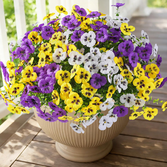 Alupssuc 24 Bundles Artificial Flowers for Outdoors, Fake Spring Flowers for Decoration, UV Resistant Realistic Pansies with Eucalyptus Silk Faux Flowers for Porch Patio Yard, Purple Yellow White