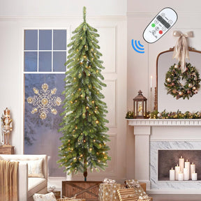 4ft Prelit Artificial Wooden Pole Pencil Christmas Tree with Remote, Pre-Lit 100 Warm White & Multi-Color Lights, 209 Branch Tips, Skinny Tree for Xmas Holiday Decoration, 4 FT - SHareconn