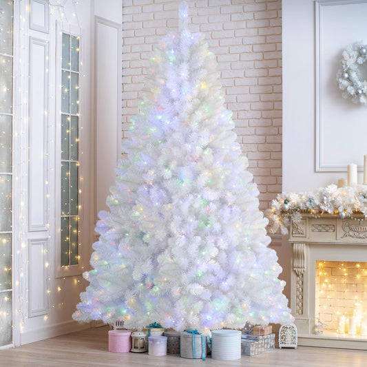 SHareconn 7.5ft Prelit Premium Artificial Hinged Christmas Tree with Warm White Lights, Perfect Choice for Xmas Decoration, 7.5 FT, White - SHareconn