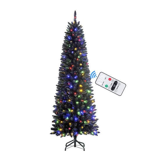 SHareconn 6ft Premium Prelit Artificial Hinged Slim Pencil Christmas Tree with Remote Control, 240 Warm White & Multi-Color Lights, Full Branch Tips, First Choice Decorations for X-mas, 6 FT, Black - SHareconn