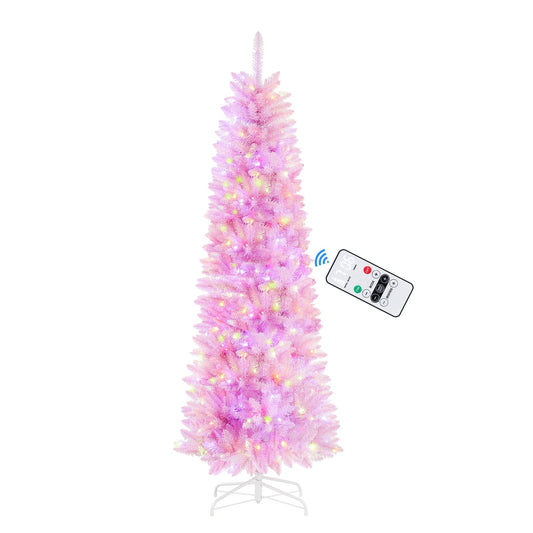 SHareconn 6ft Premium Prelit Artificial Hinged Slim Pencil Christmas Tree with Remote Control, 240 Warm White & Multi-Color Lights, Full Branch Tips, First Choice Decorations for X-mas, 6 FT, Pink - SHareconn