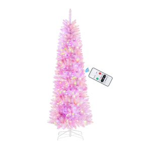 SHareconn 6ft Premium Prelit Artificial Hinged Slim Pencil Christmas Tree with Remote Control, 240 Warm White & Multi-Color Lights, Full Branch Tips, First Choice Decorations for X-mas, 6 FT, Pink - SHareconn