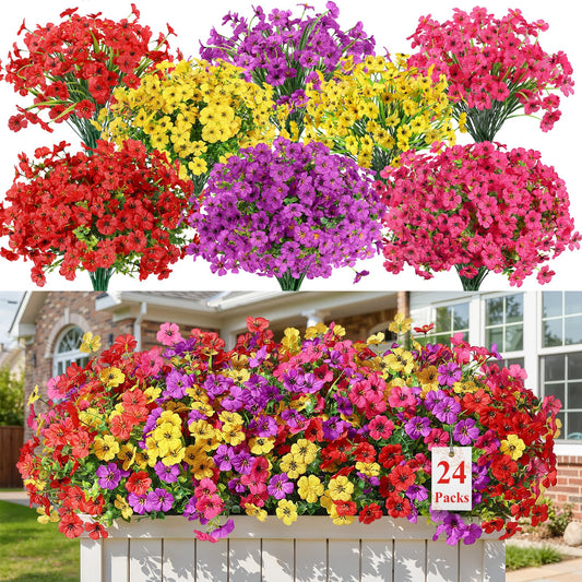 Alupssuc 24 Bundles Artificial Flowers for Outdoors Decoration, UV Resistant Silk Faux Daisy Flora Spring Fake Plastic Plants Greenery for Outside Indoor Yard Home Porch Window Box Decor, Mix 4 Colors