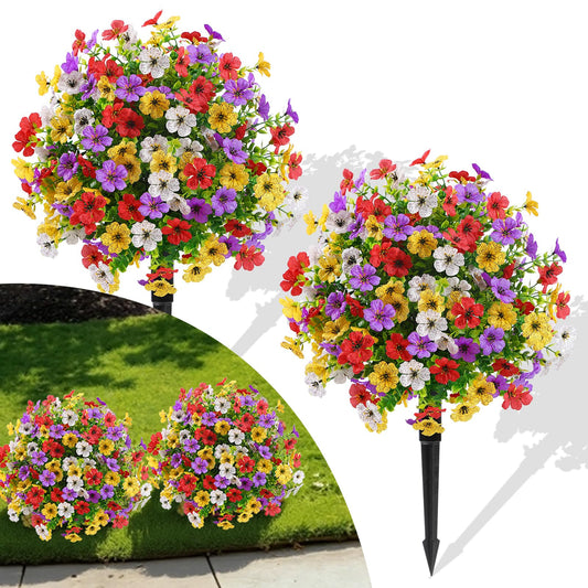 Alupssuc 2Pcs 20" Artificial Topiary Ball Flowers, Spring Outdoor Decoration with Spike, UV Resistant Faux Summer Plants, Faux Bushes Plants, Red Purple Yellow White for Garden, Porch & Patio Decor