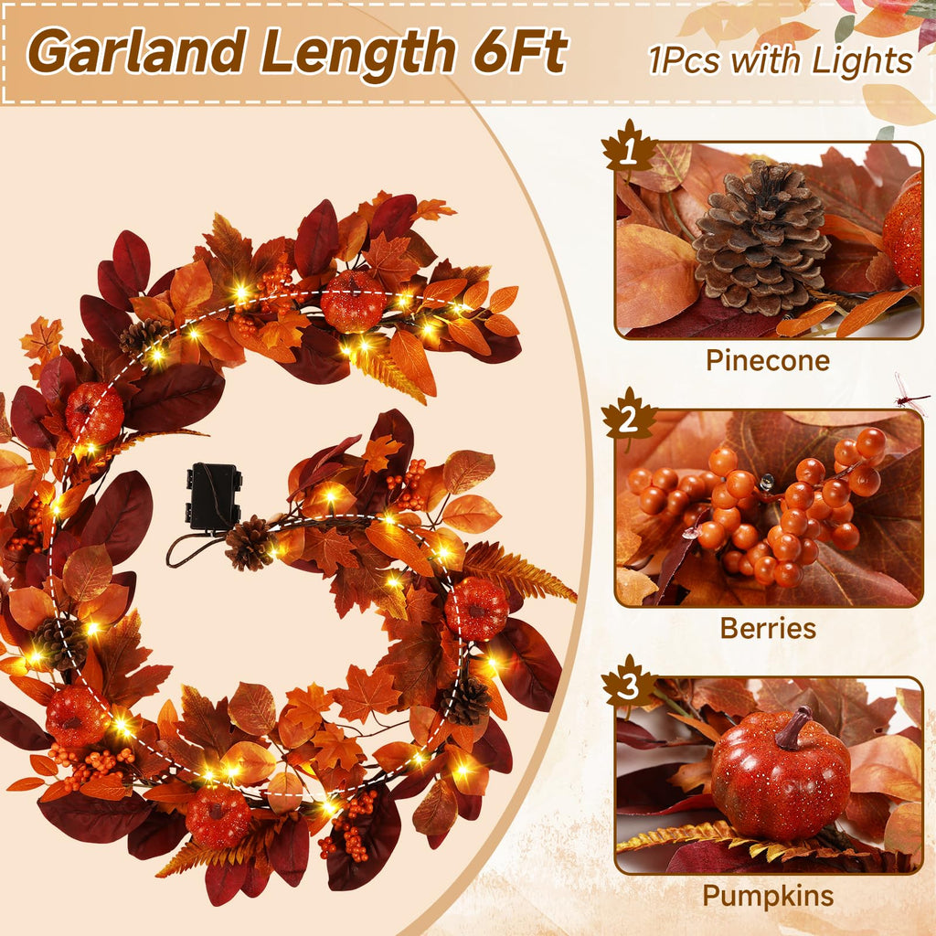 6FT Autumn Pumpkin & Maple Leaves Garland with Prelit 30 LED Lights [Warm White & Orange] - SHareconn