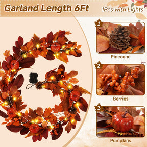 6FT Autumn Pumpkin & Maple Leaves Garland with Prelit 30 LED Lights [Warm White & Orange] - SHareconn
