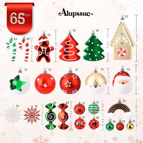 65pcs Red & Green, White Christmas Balls Ornaments Set with Hanging Strings