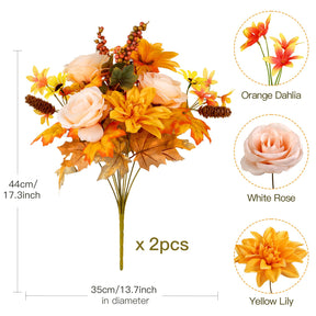 2Pcs Artificial Fall Thanksgiving 7inch Autumn Faux Bouquet Flowers (Yelow&Orange) - SHareconn