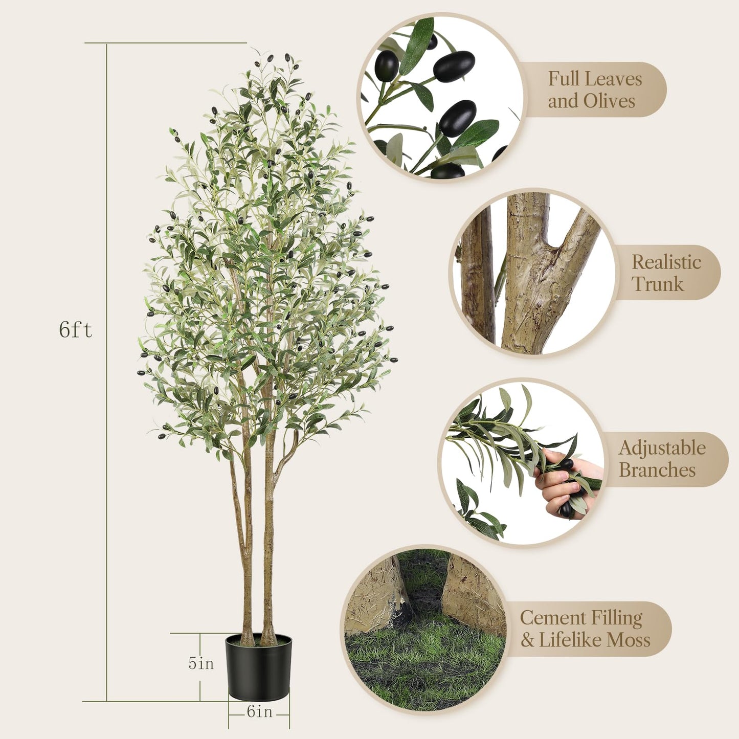 Artificial Olive Tree, Fake Olive Tree with Lifelike Olive Leaves, Faux Olive Tree Indoor Outdoor for Home Living Room Bedroom Balcony Corner Office Garden Decor