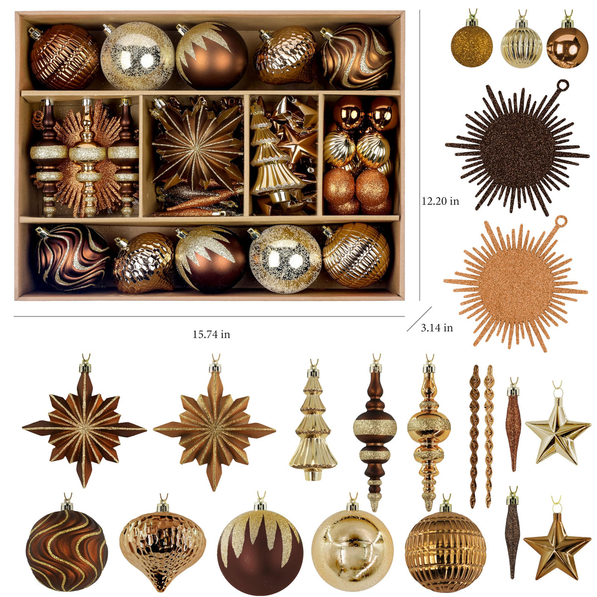 80pcs Bronze Copper Gold Christmas Balls Ornaments Set with Lanyards