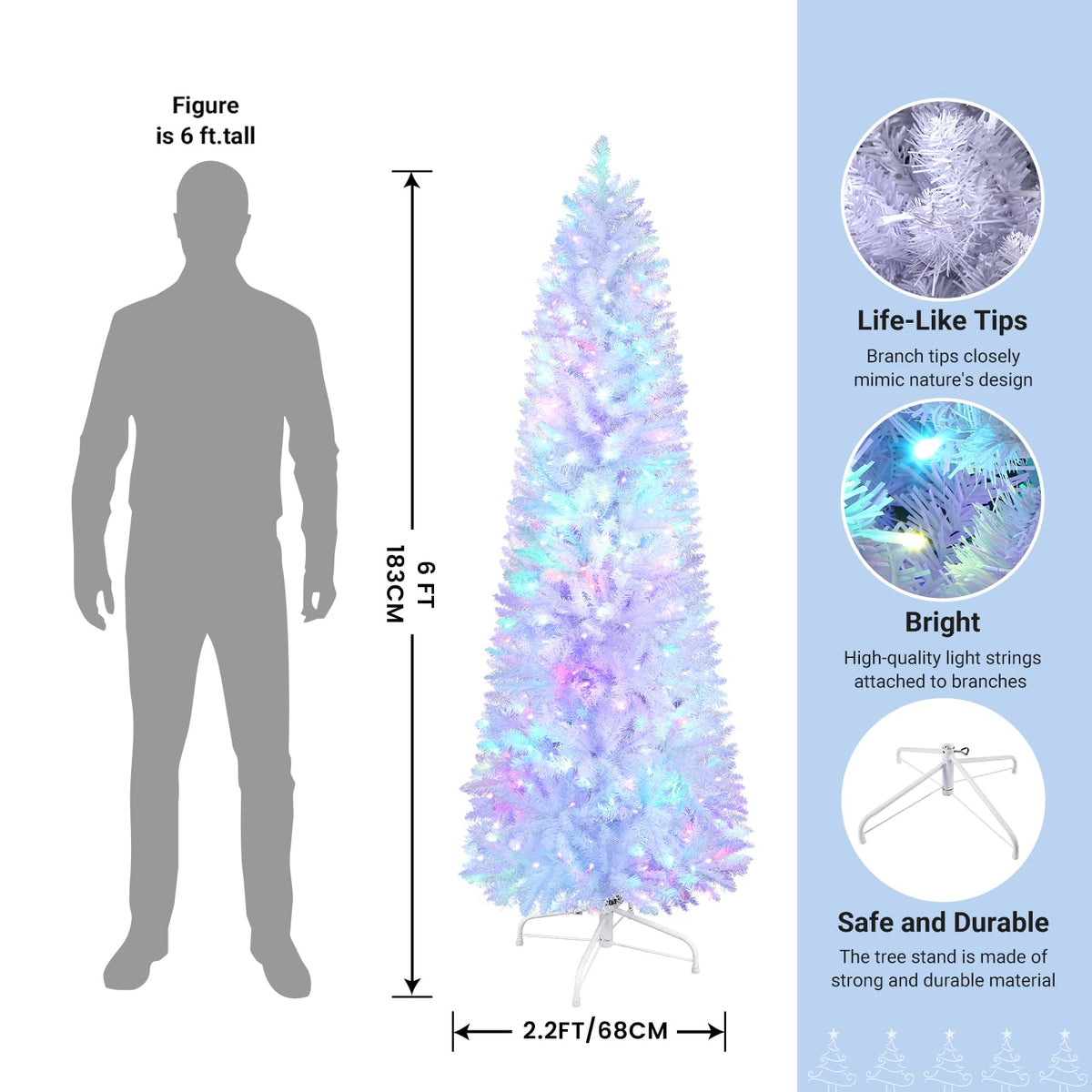 SHareconn 6ft Prelit Artificial Hinged Slim Pencil Christmas Tree, with Remote Controlled Multi-Color RGB Lights, Full Branch Tips, Perfect Choice Decoration for Xmas Holiday, 6 FT, White - SHareconn