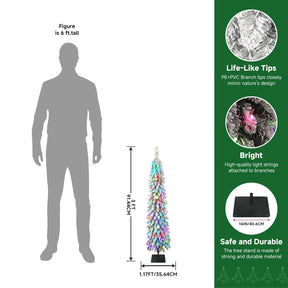 3FT Pre-Lit Snow Flocked Pencil Christmas Tree with Remote Controlled Multi-Color RGB Lights