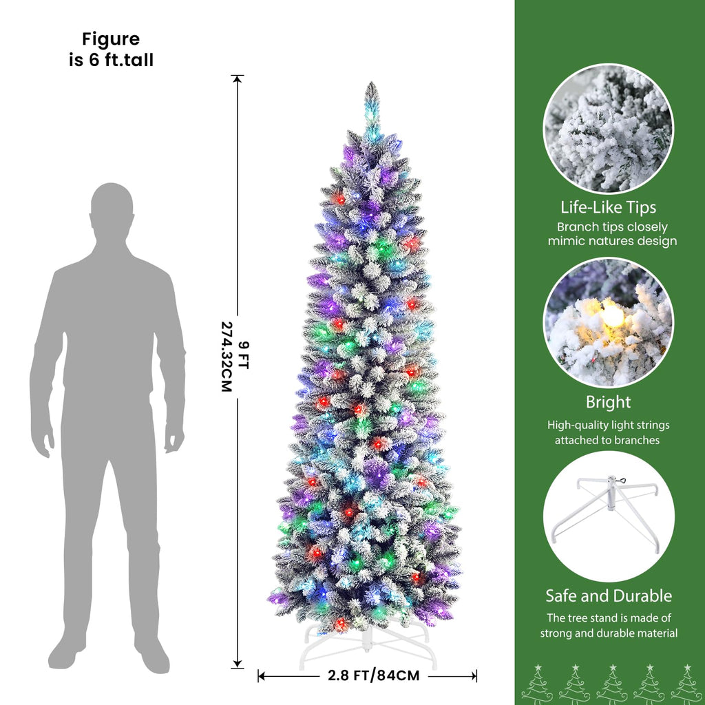SHareconn 9ft Prelit Snow Flocked Artificial Hinged Slim Pencil Christmas Tree, with Remote Controlled Multi-Color RGB Lights, Full Branch Tips, Perfect Choice Decoration for Xmas Holiday, 9 FT, Green - SHareconn