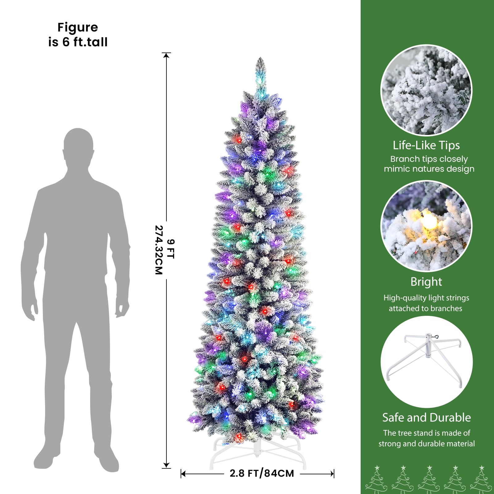 SHareconn 9ft Prelit Snow Flocked Artificial Hinged Slim Pencil Christmas Tree, with Remote Controlled Multi-Color RGB Lights, Full Branch Tips, Perfect Choice Decoration for Xmas Holiday, 9 FT, Green - SHareconn