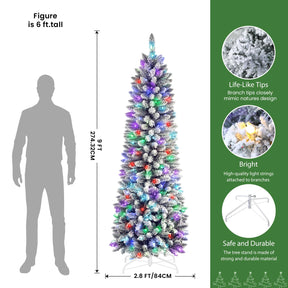 SHareconn 9ft Prelit Snow Flocked Artificial Hinged Slim Pencil Christmas Tree, with Remote Controlled Multi-Color RGB Lights, Full Branch Tips, Perfect Choice Decoration for Xmas Holiday, 9 FT, Green - SHareconn