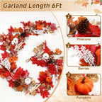 6FT Fall Garland Decor Red Pumpkin & Maple Leaves Garland (Harvest Red) - SHareconn