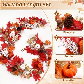 6FT Fall Garland Decor Red Pumpkin & Maple Leaves Garland (Harvest Red) - SHareconn