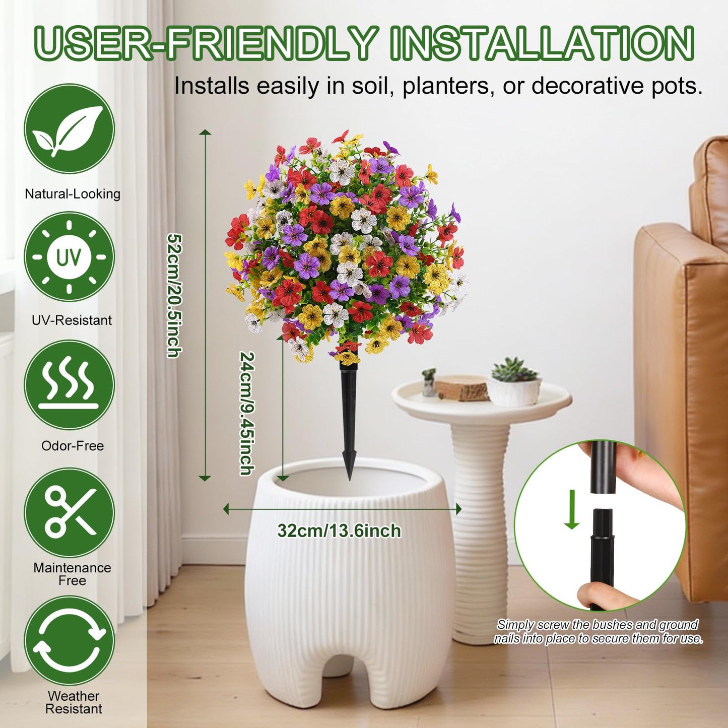 Alupssuc 2Pcs 20" Artificial Topiary Ball Flowers, Spring Outdoor Decoration with Spike, UV Resistant Faux Summer Plants, Faux Bushes Plants, Red Purple Yellow White for Garden, Porch & Patio Decor