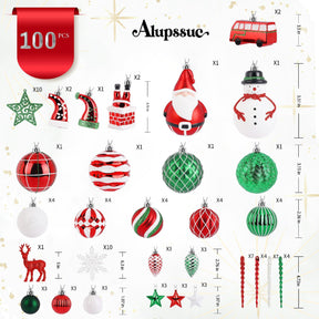 100 Pcs Red & Green & White Christmas Ball Ornaments Set with Hanging Rope