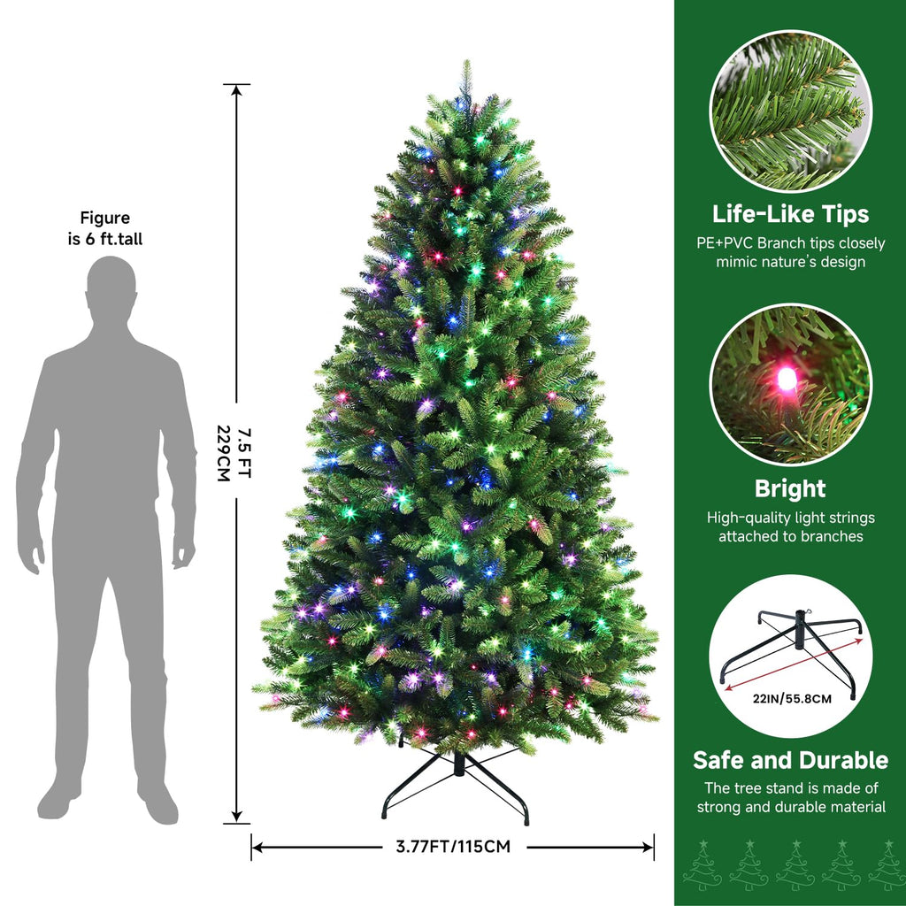 7.5ft Prelit Premium Artificial Hinged Full Christmas Tree with Remote Control, Timer, 600 Warm White & Colored Changing Lights, 1943 Branch Tips, Perfect Choice for Xmas Decoration, 7.5 FT - SHareconn