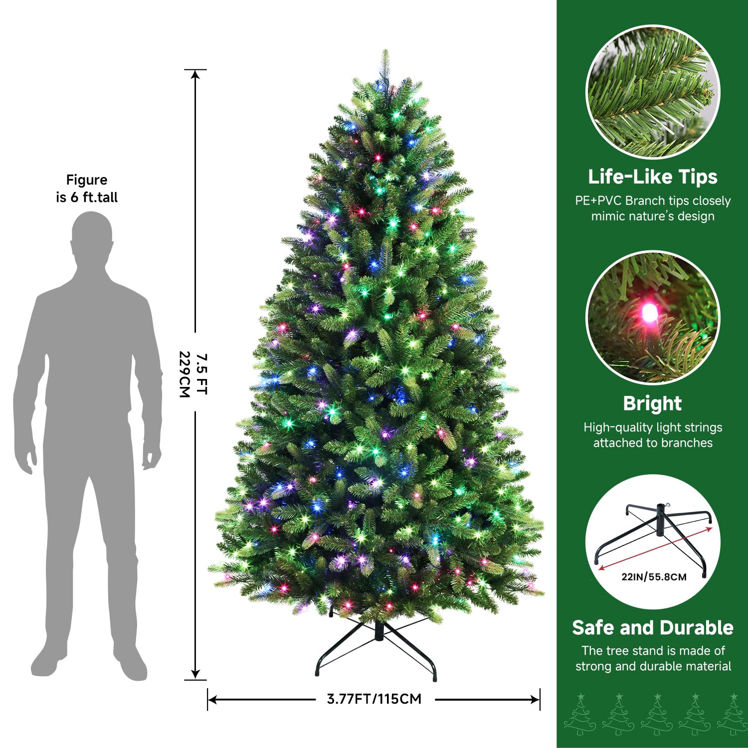 7.5ft Prelit Premium Artificial Hinged Full Christmas Tree with Remote Control, Timer, 600 Warm White & Colored Changing Lights, 1943 Branch Tips, Perfect Choice for Xmas Decoration, 7.5 FT - SHareconn