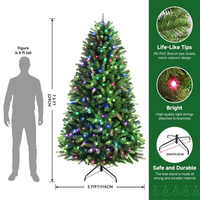 7.5ft Prelit Premium Artificial Hinged Full Christmas Tree with Remote Control, Timer, 600 Warm White & Colored Changing Lights, 1943 Branch Tips, Perfect Choice for Xmas Decoration, 7.5 FT - SHareconn