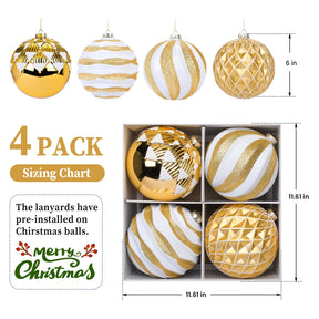 4Pcs 6''/150mm Gold & White Large Christmas Ball Ornaments with Hooks