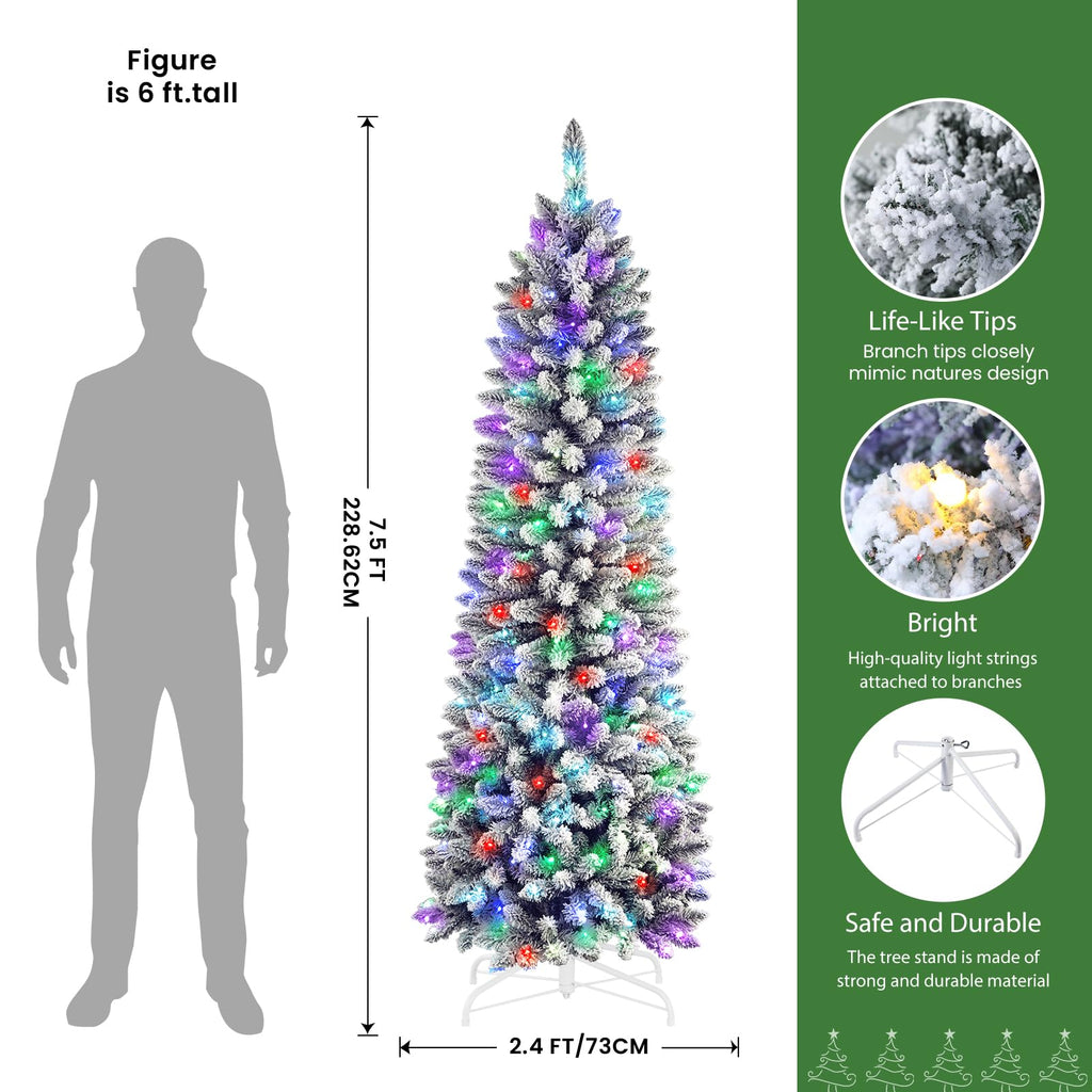 SHareconn 7.5ft Prelit Snow Flocked Artificial Hinged Slim Pencil Christmas Tree, with Remote Controlled Multi-Color RGB Lights, Full Branch Tips,Good Choice Decoration for Xmas Holiday,7.5 FT, Green - SHareconn