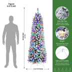 SHareconn 7.5ft Prelit Snow Flocked Artificial Hinged Slim Pencil Christmas Tree, with Remote Controlled Multi-Color RGB Lights, Full Branch Tips,Good Choice Decoration for Xmas Holiday,7.5 FT, Green - SHareconn