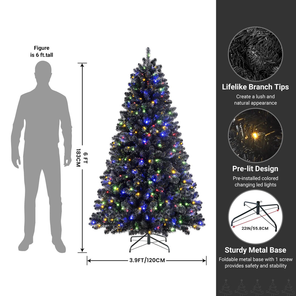 SHareconn 6ft Prelit Premium Artificial Hinged Christmas Tree with Remote Control,Timer,and 330 Warm White & Color LED Changing Lights,950 Branch Tips,Perfect Choice for Xmas Decoration,6 FT,Black - SHareconn