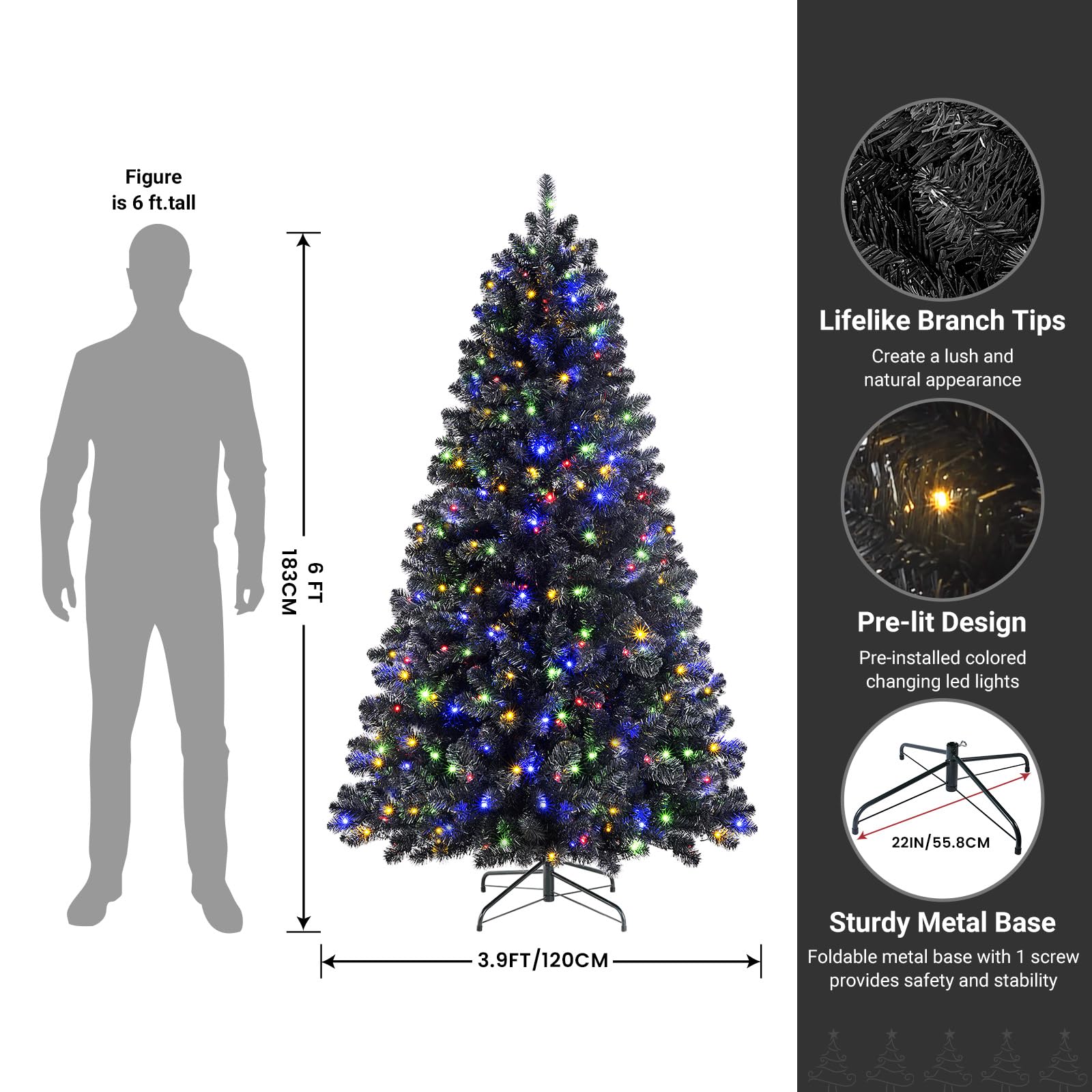 SHareconn 6ft Prelit Premium Artificial Hinged Christmas Tree with Remote Control,Timer,and 330 Warm White & Color LED Changing Lights,950 Branch Tips,Perfect Choice for Xmas Decoration,6 FT,Black - SHareconn