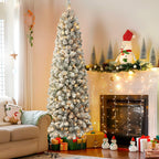 SHareconn 6ft Prelit Snow Flocked Artificial Hinged Slim Pencil Christmas Tree with Warm White Lights, Full Branch Tips, Perfect Choice Decoration for Xmas Holiday, 6 FT, White - SHareconn